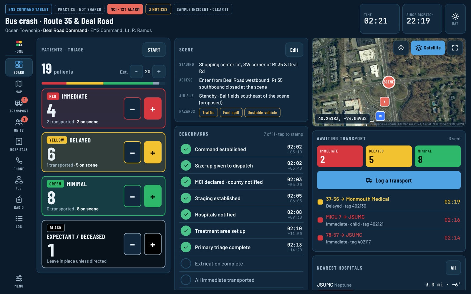 OpsBoard's EMS command screen during a bus crash: triage counts, benchmarks, an aerial map and patients awaiting transport